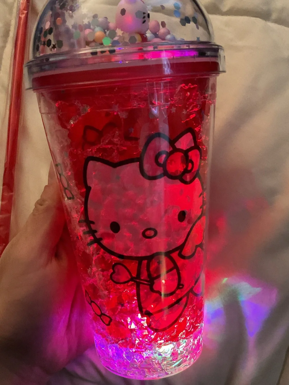 NWOT Hello Kitty Red Glitter Dome Tumbler with Straw that Lights Up